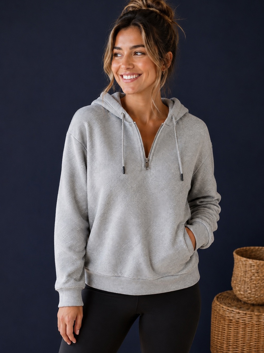 EXPRESS Textured Quarter Zip Hoodie Gray Medium